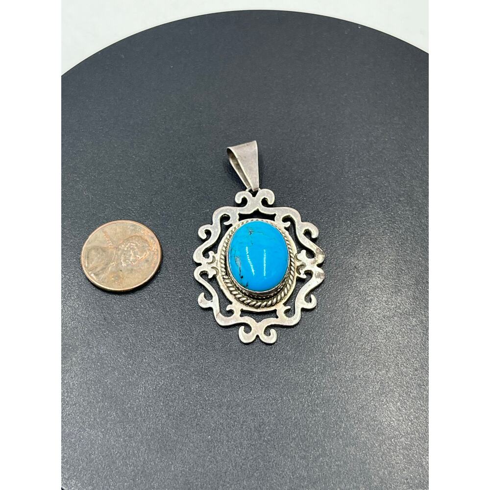 Signed Sterling Silver Blue Turquoise‎ Scroll Filigree pendant TV-75 Mex 925 - Picture 2 of 8